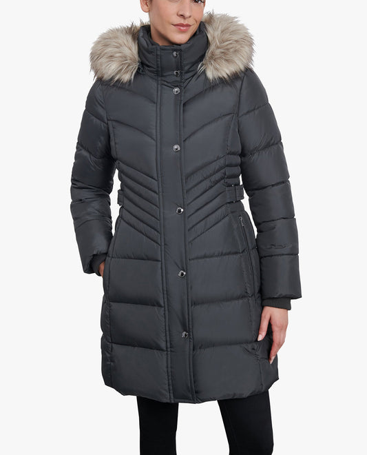 Front View of London Fog Plus Size Zip-Front Long Length Puffer Jacket With Zip-Off Fur Trim Hood | LF GUNMETAL
