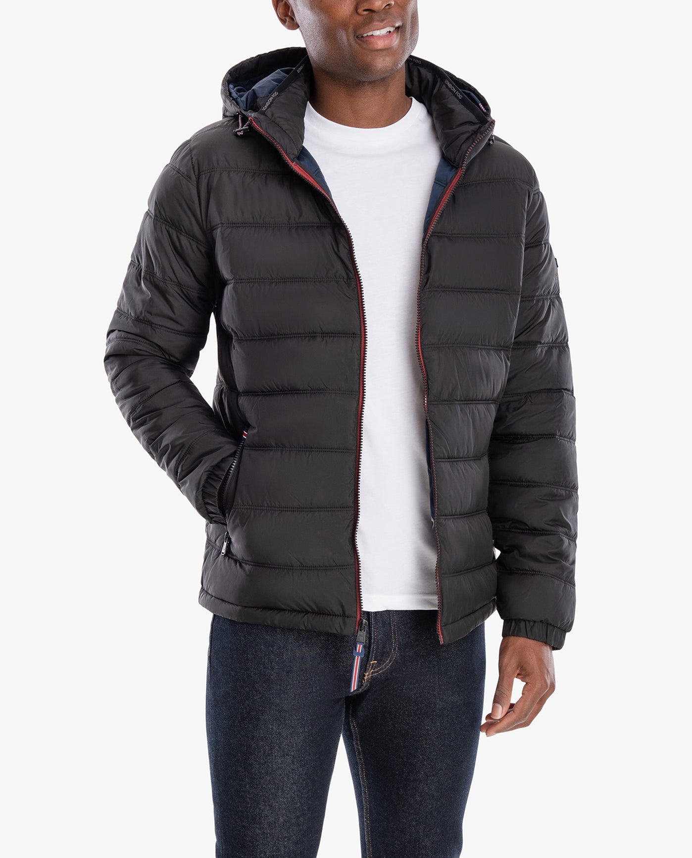 Front View of London Fog Plainfield Hooded Puffer Jacket | LF BLACK
