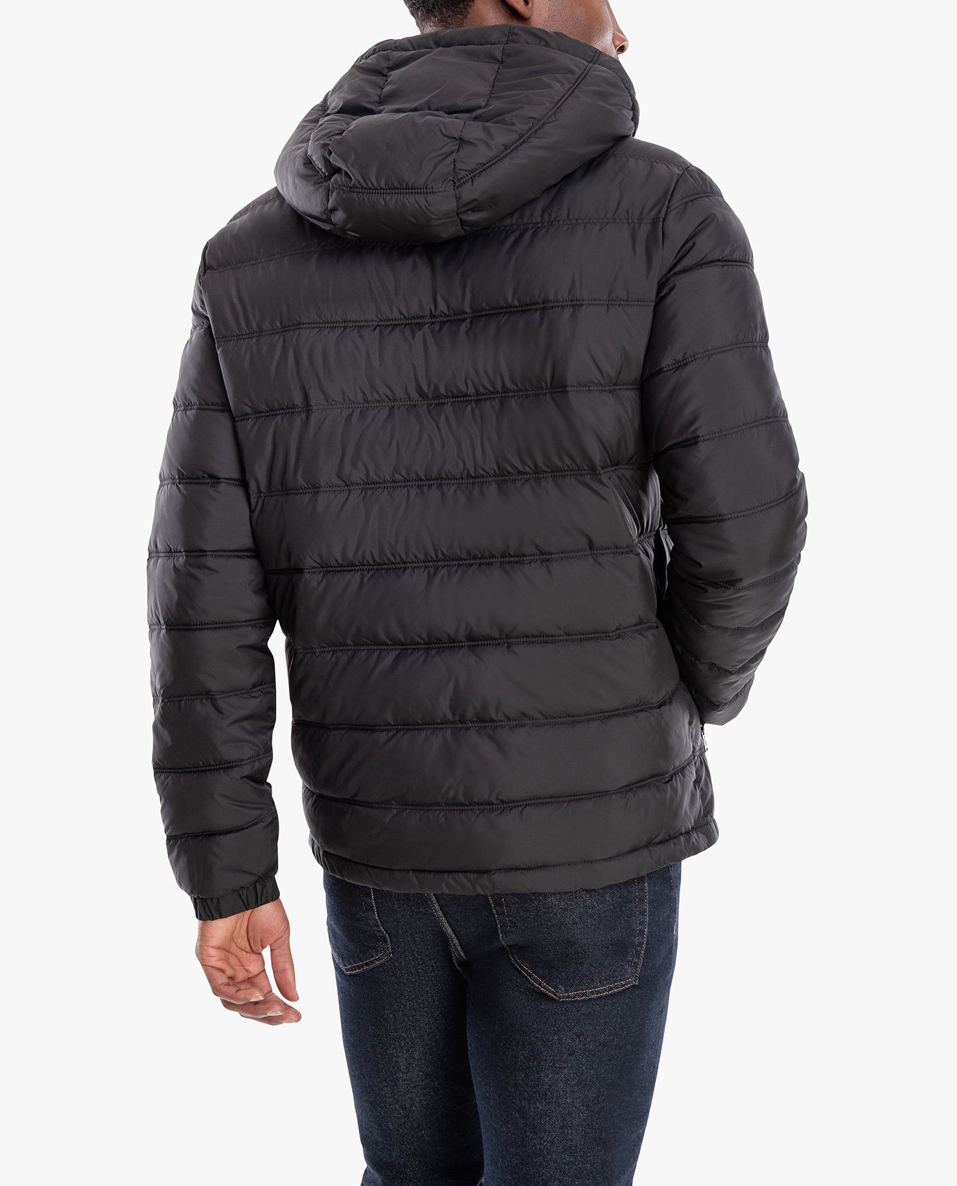 Back View of London Fog Plainfield Hooded Puffer Jacket | LF BLACK