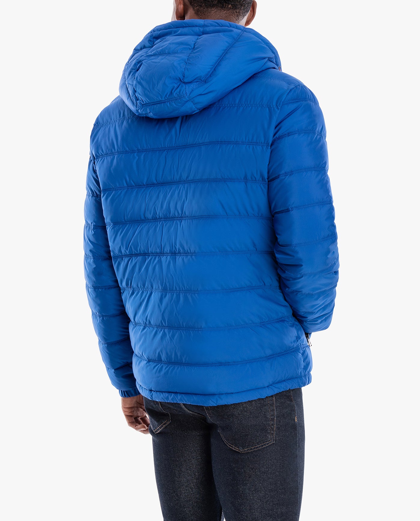 Back View of London Fog Plainfield Hooded Puffer Jacket | LF ROYAL BLUE

