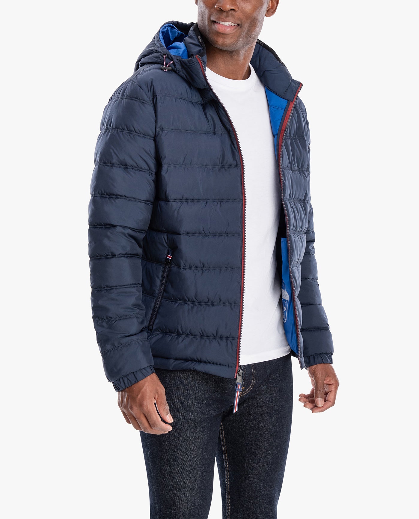 Front View of London Fog Plainfield Hooded Puffer Jacket | LF MIDNIGHT BLUE
