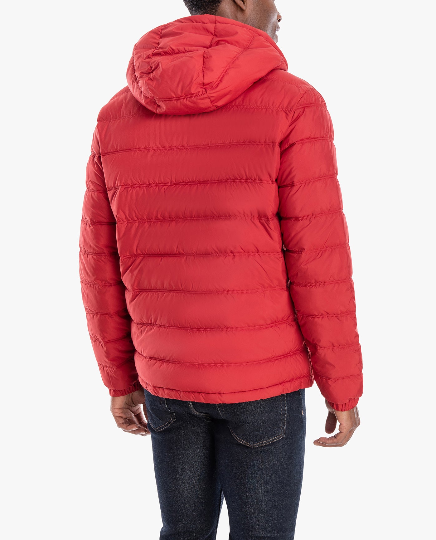 Back View of London Fog Plainfield Hooded Puffer Jacket | LF RED