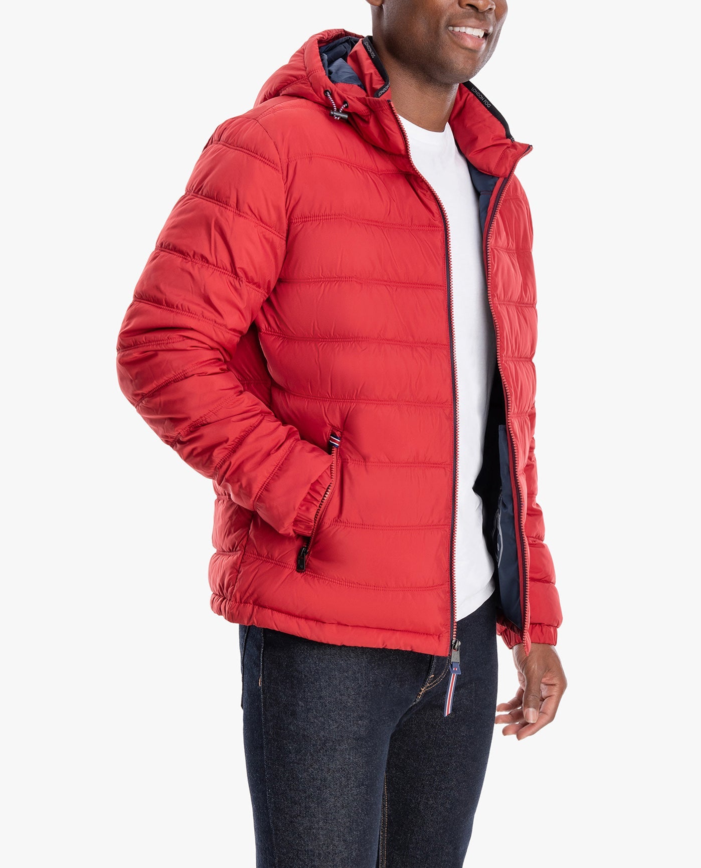 Front View of London Fog Plainfield Hooded Puffer Jacket | LF RED

