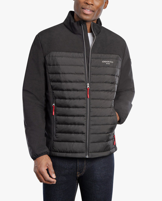 Front View of London Fog Ridgewood Mix Media Midweight Jacket | LF BLACK

