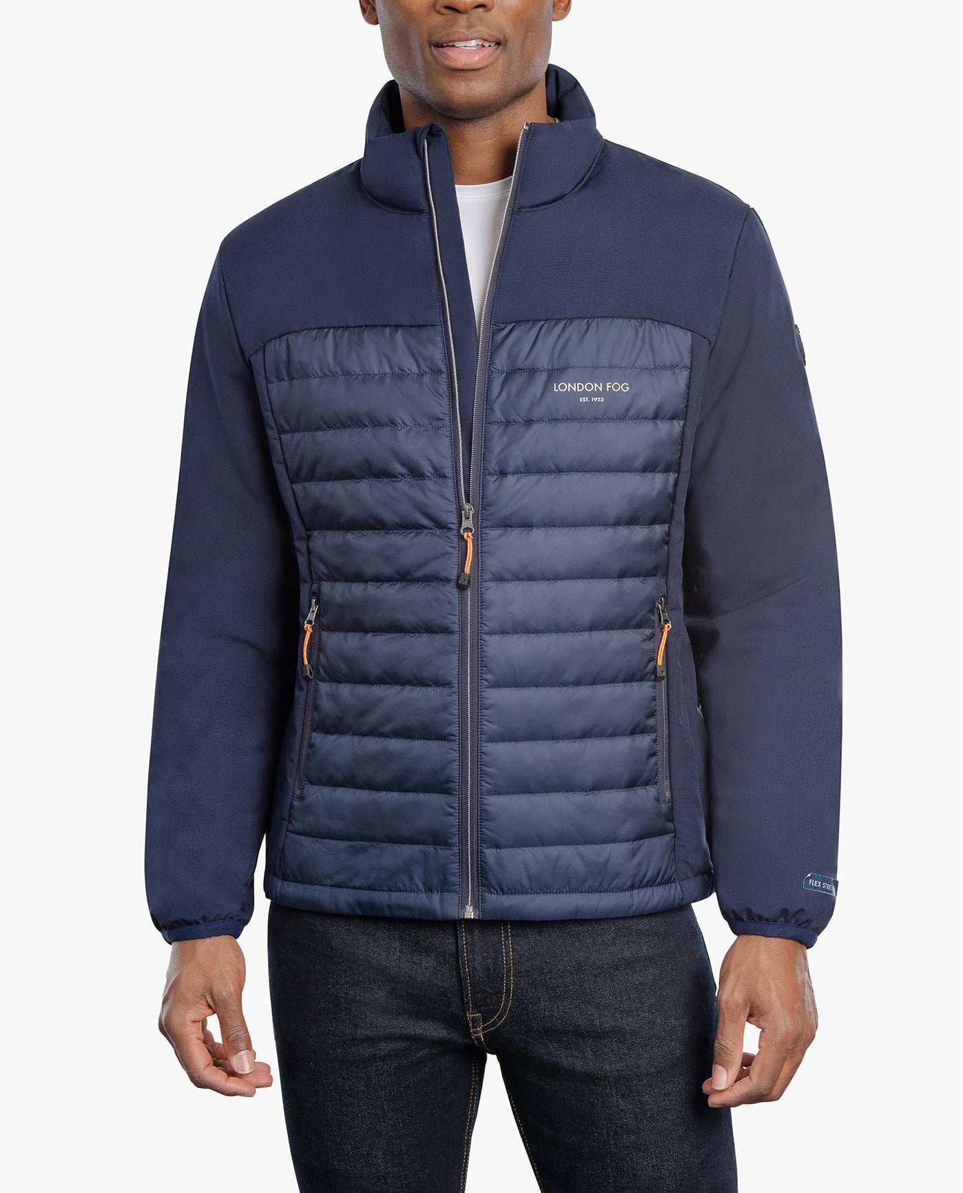 Front View of London Fog Ridgewood Mix Media Midweight Jacket | LF NAVY
