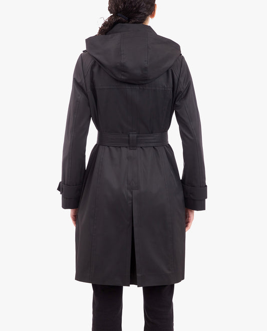 Back View of London Fog Double Breasted Trench With Button Off Hood | LF BLACK
