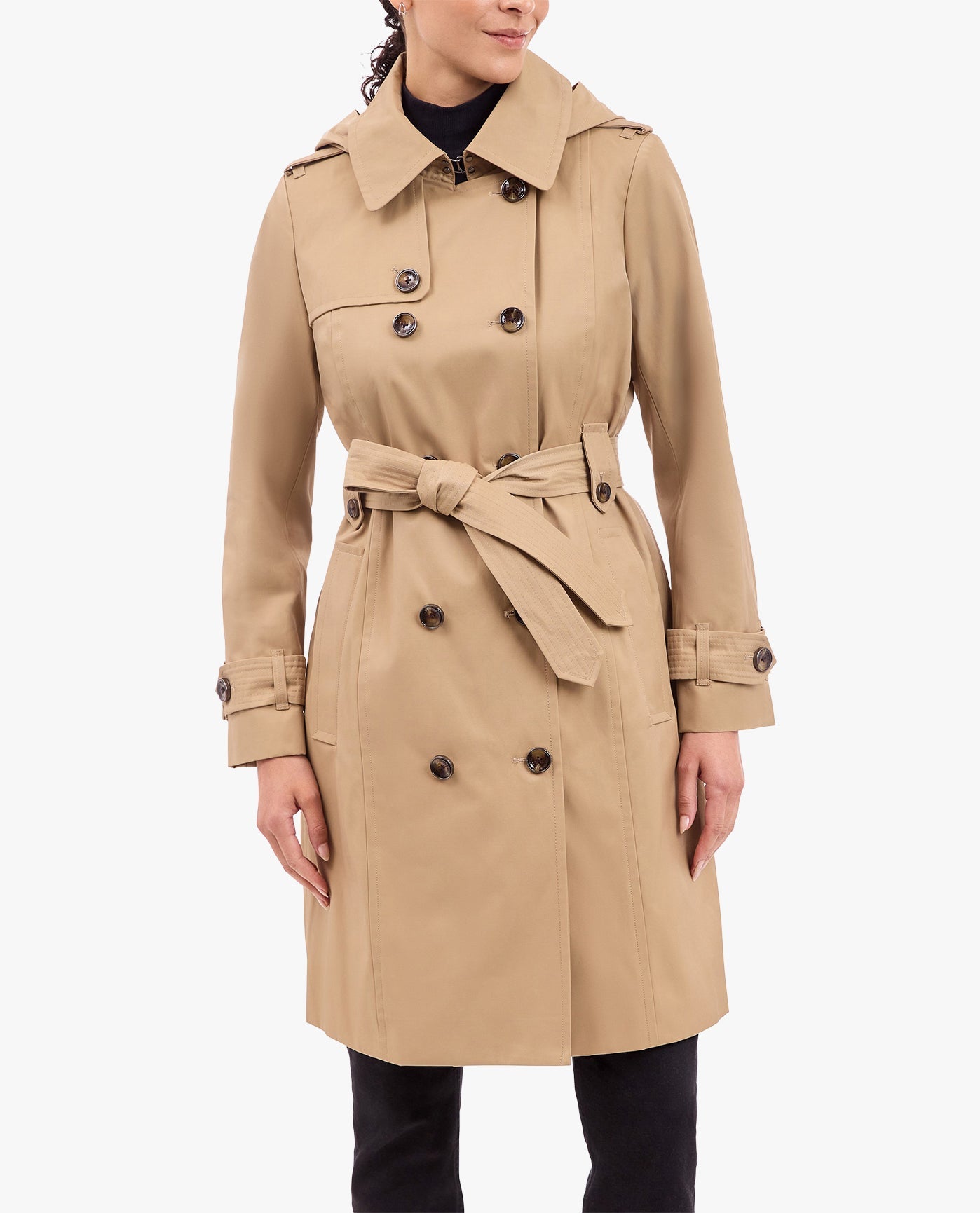 Front View of London Fog Double Breasted Trench With Button Off Hood | LF BRITISH KHAKI
