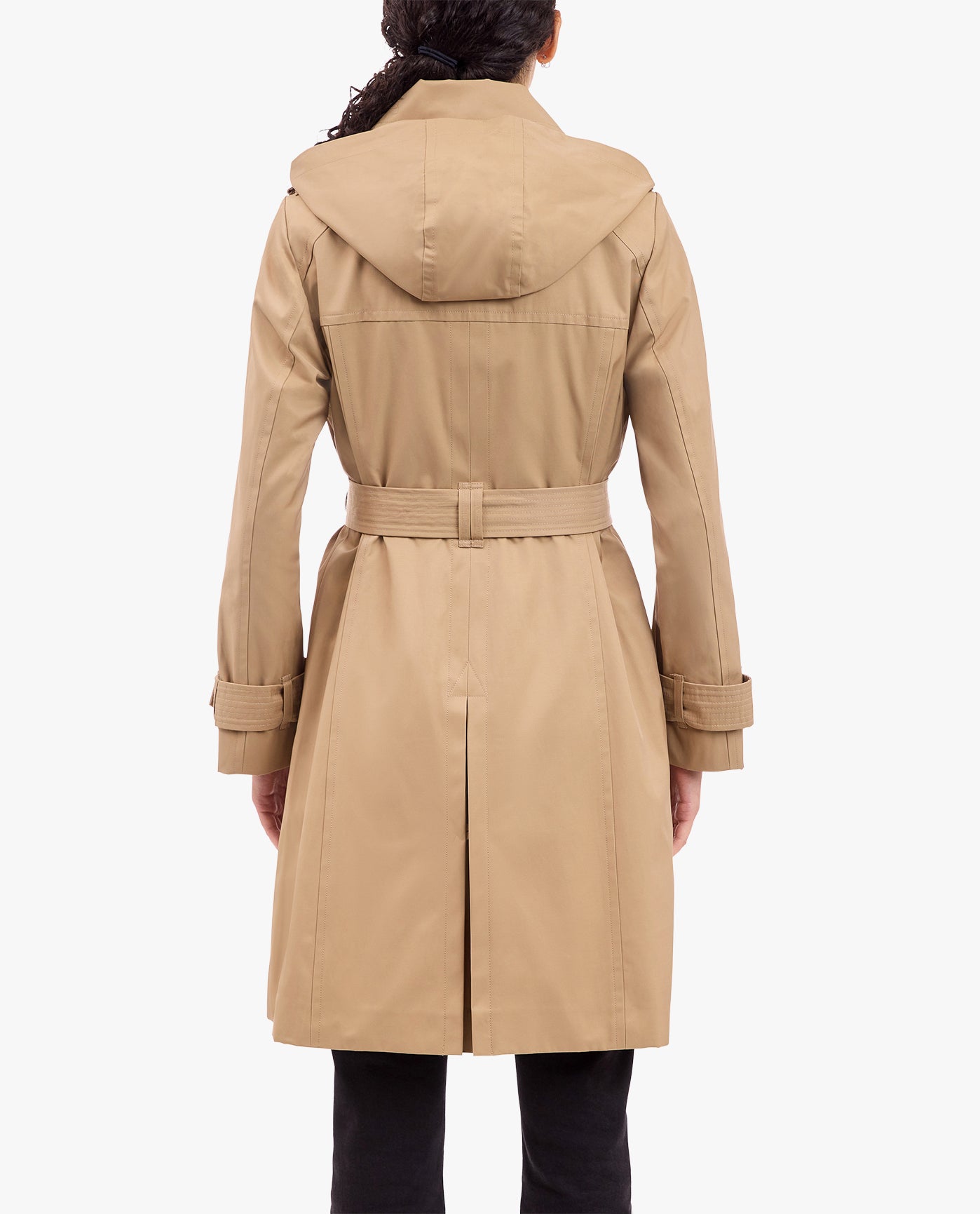 Back View of London Fog Double Breasted Trench With Button Off Hood | LF BRITISH KHAKI
