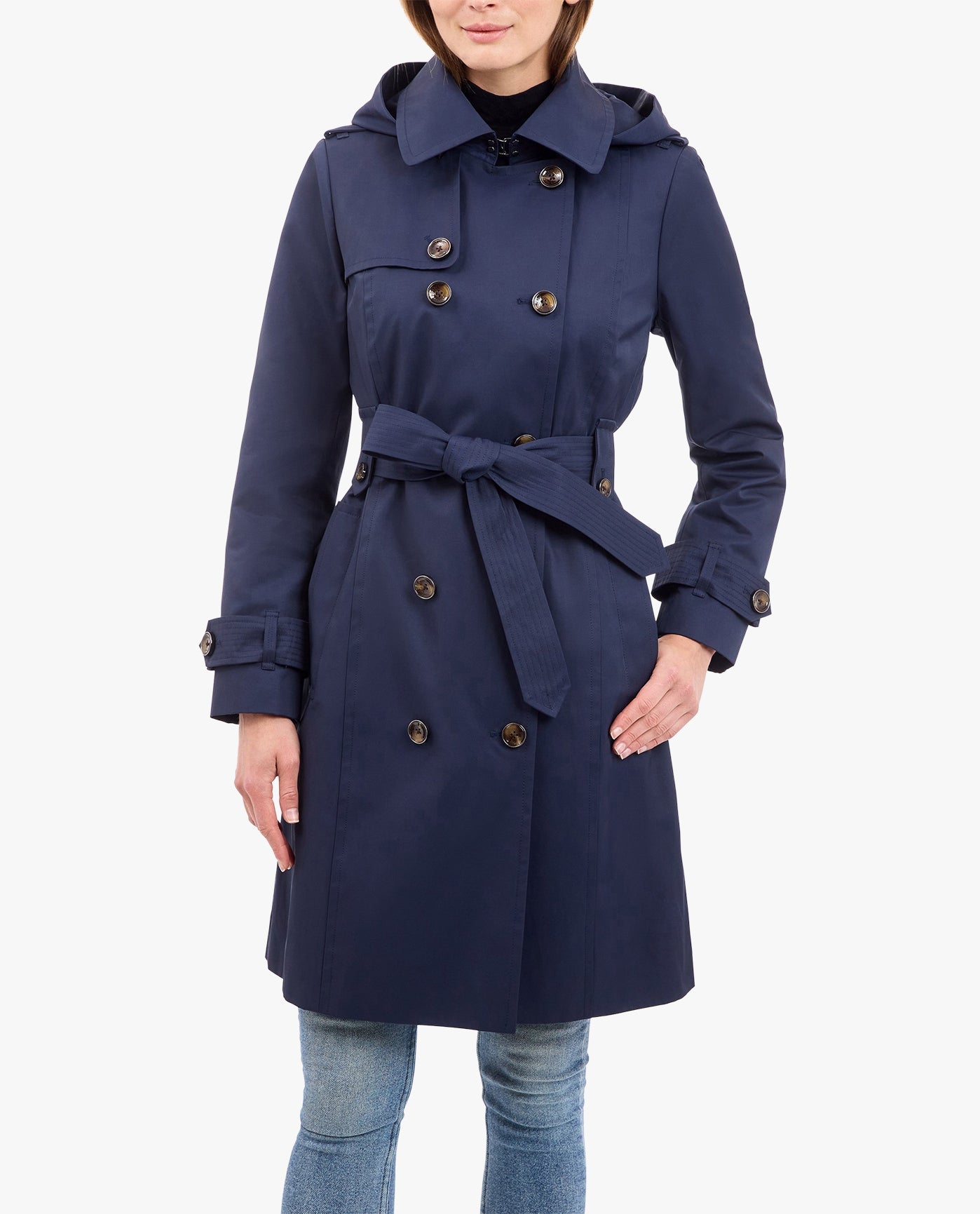 Front View of London Fog Double Breasted Trench With Button Off Hood | LF MIDNIGHT NAVY
