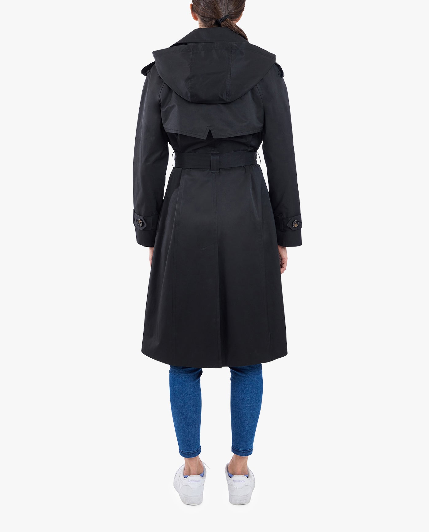 Back View of London Fog Single Breasted Belted Raincoat With Hood | LF BLACK

