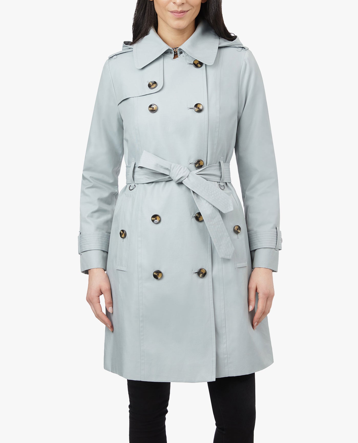 Front View of London Fog Double Breasted Hooded Trench Coat With Waist Belt | LF CLOUD
