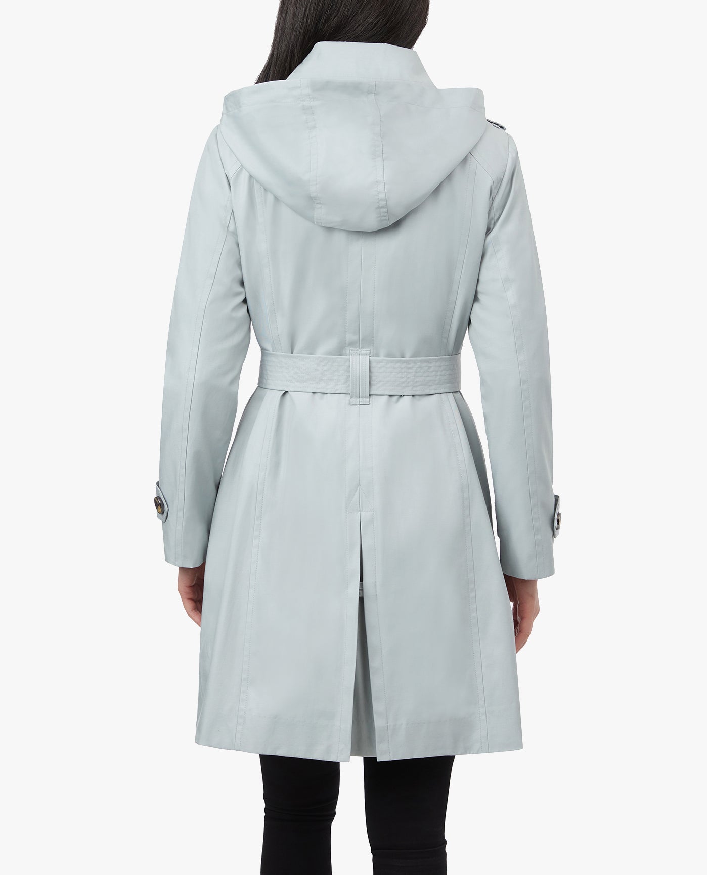 Back View of London Fog Double Breasted Hooded Trench Coat With Waist Belt | LF CLOUD
