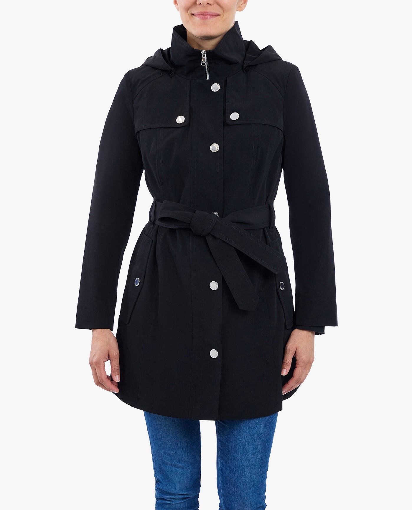 Front View of London Fog Zip Front High-Neck Hooded Trench With Belt | LF BLACK
