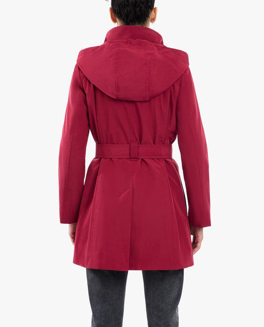 Back View of London Fog Zip Front High-Neck Hooded Trench With Belt | LF CRANBERRY

