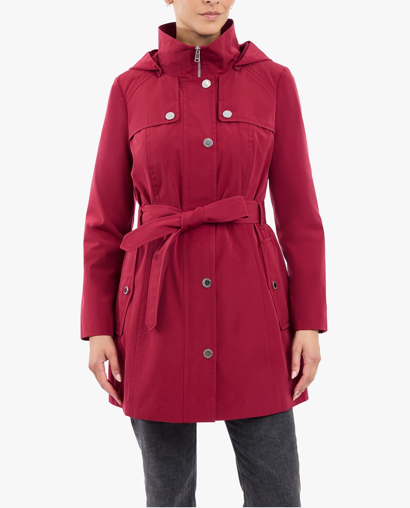 Front View of London Fog Zip Front High-Neck Hooded Trench With Belt | LF CRANBERRY
