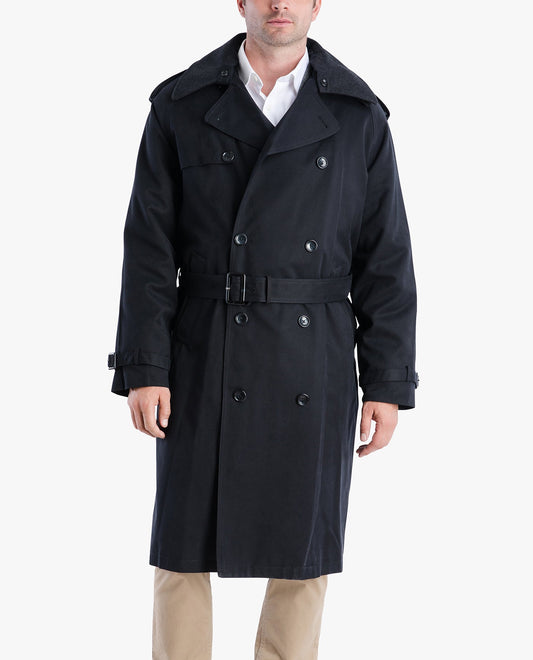 Front View of London Fog Classic Double Breasted Trench Coat | LF BLACK
