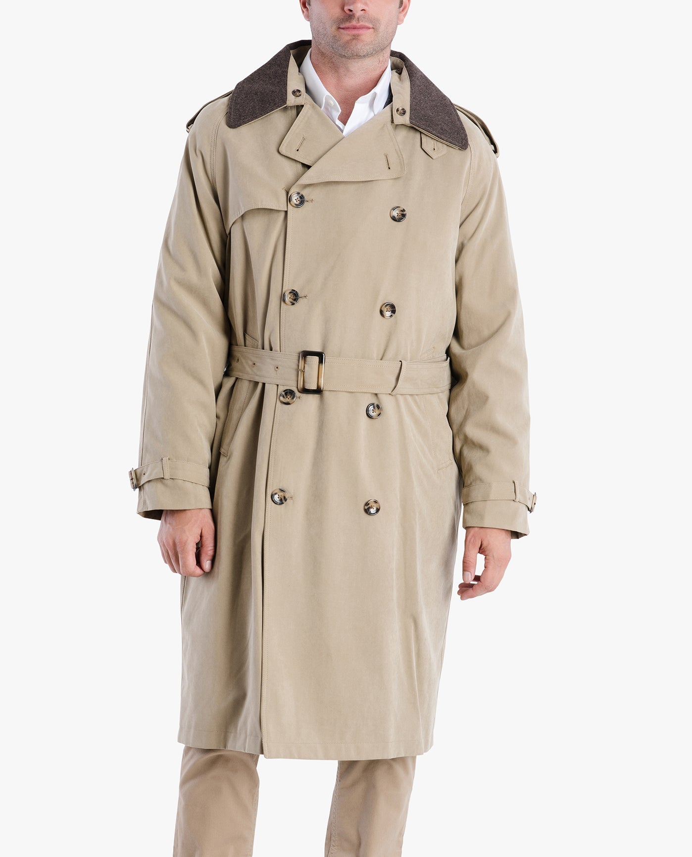 Front View of London Fog Classic Double Breasted Trench Coat | LF BRITISH KHAKI
