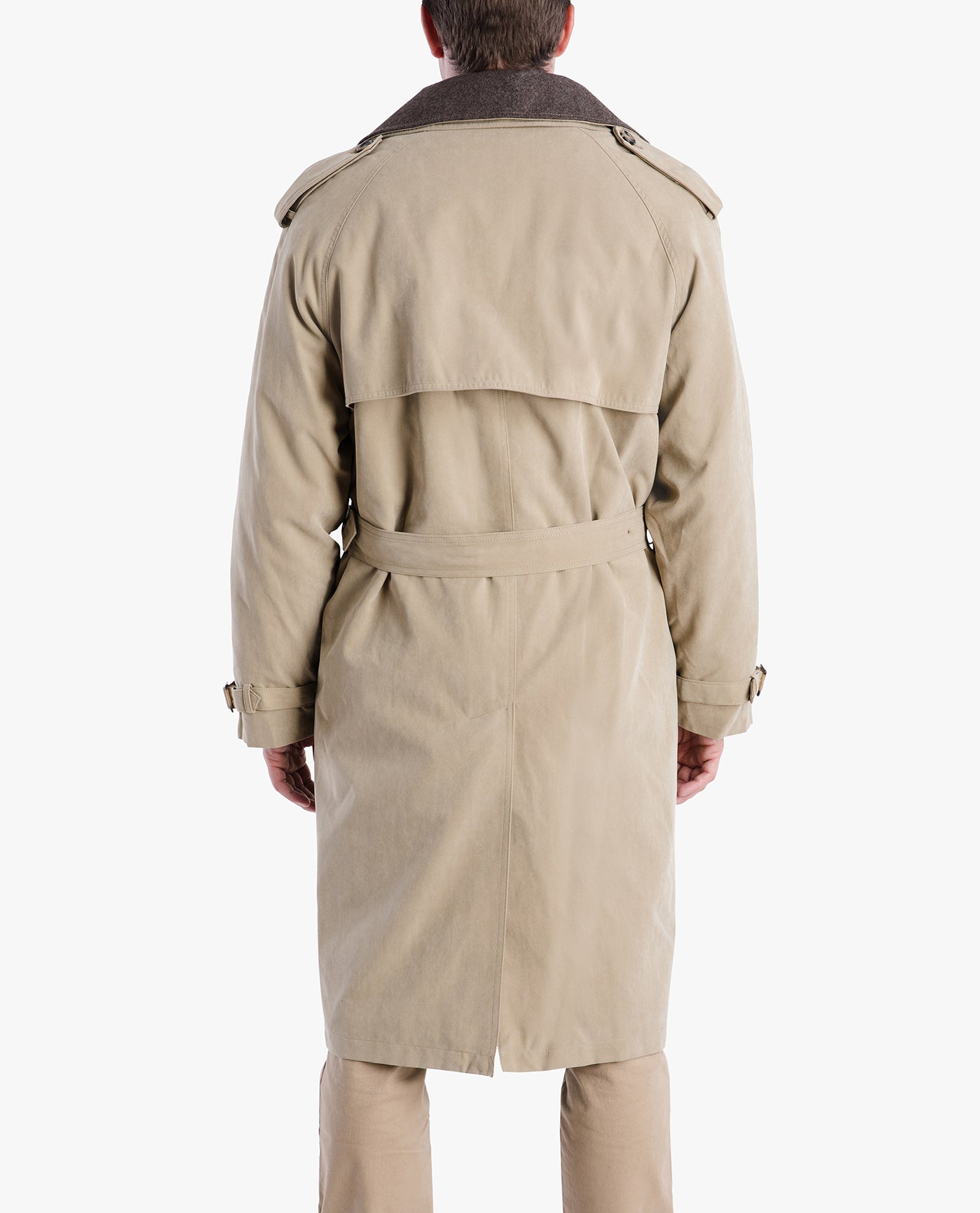 Back View of London Fog Classic Double Breasted Trench Coat | LF BRITISH KHAKI
