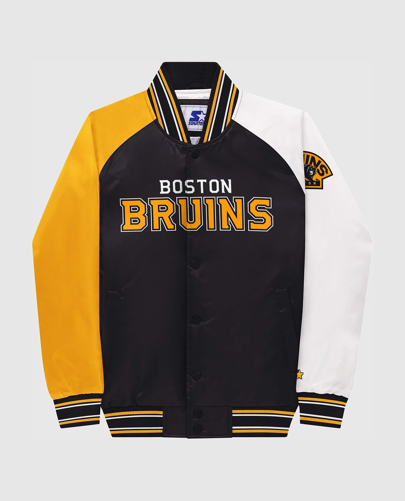 Front View of Starter Black Youth Boston Bruins Varsity Satin Full-Snap Starter Jacket | STR BOSTON BRUINS BLACK