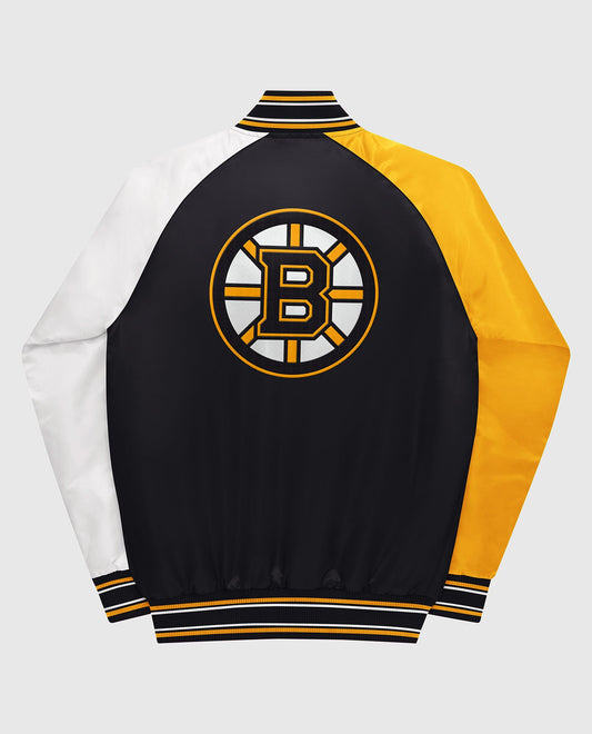 Back View of Starter Black Youth Boston Bruins Varsity Satin Full-Snap Starter Jacket | STR BOSTON BRUINS BLACK