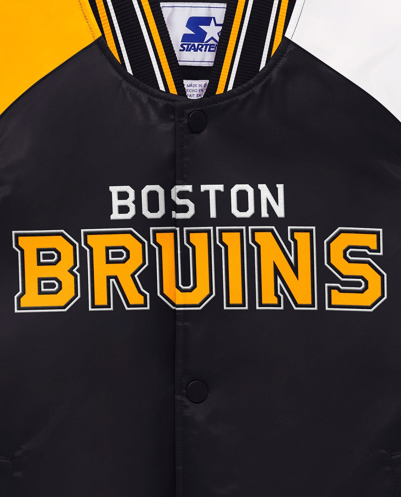 Side View of Starter Black Youth Boston Bruins Varsity Satin Full-Snap Starter Jacket | STR BOSTON BRUINS BLACK