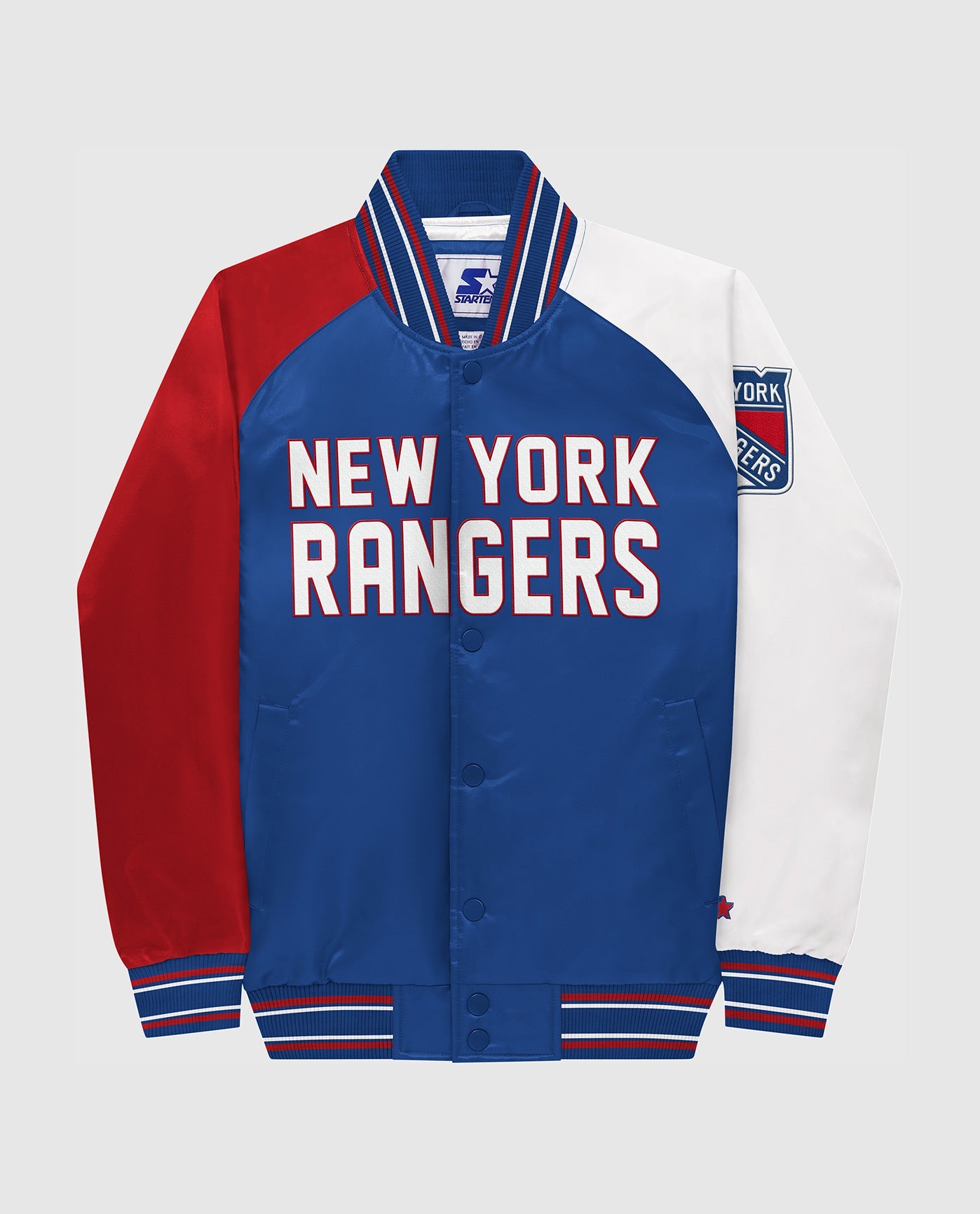 Front View of Starter Blue Youth New York Rangers Varsity Satin Full-Snap Starter Jacket | STR NEW YORK RANGERS BLUE