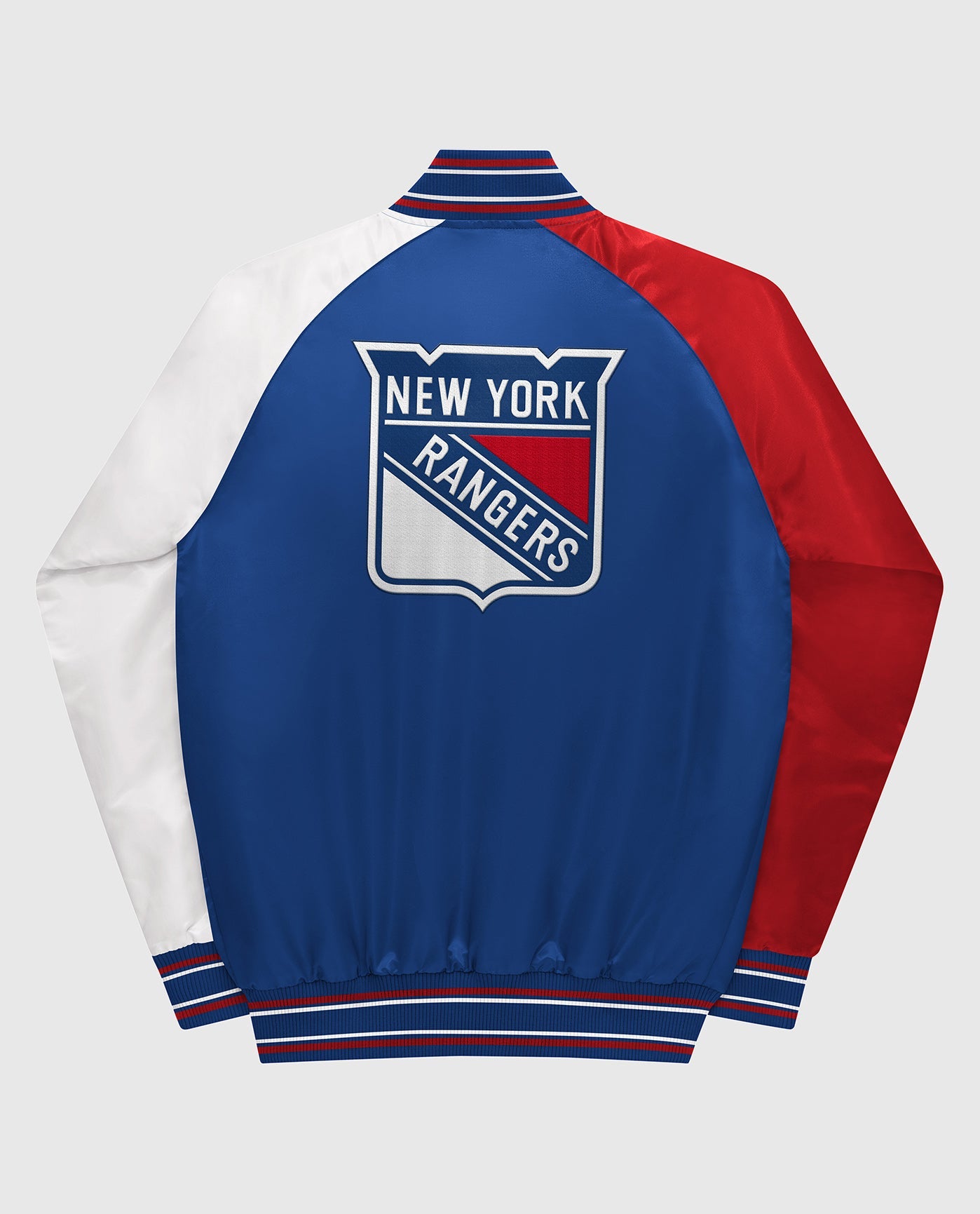 Back View of Starter Blue Youth New York Rangers Varsity Satin Full-Snap Starter Jacket | STR NEW YORK RANGERS BLUE