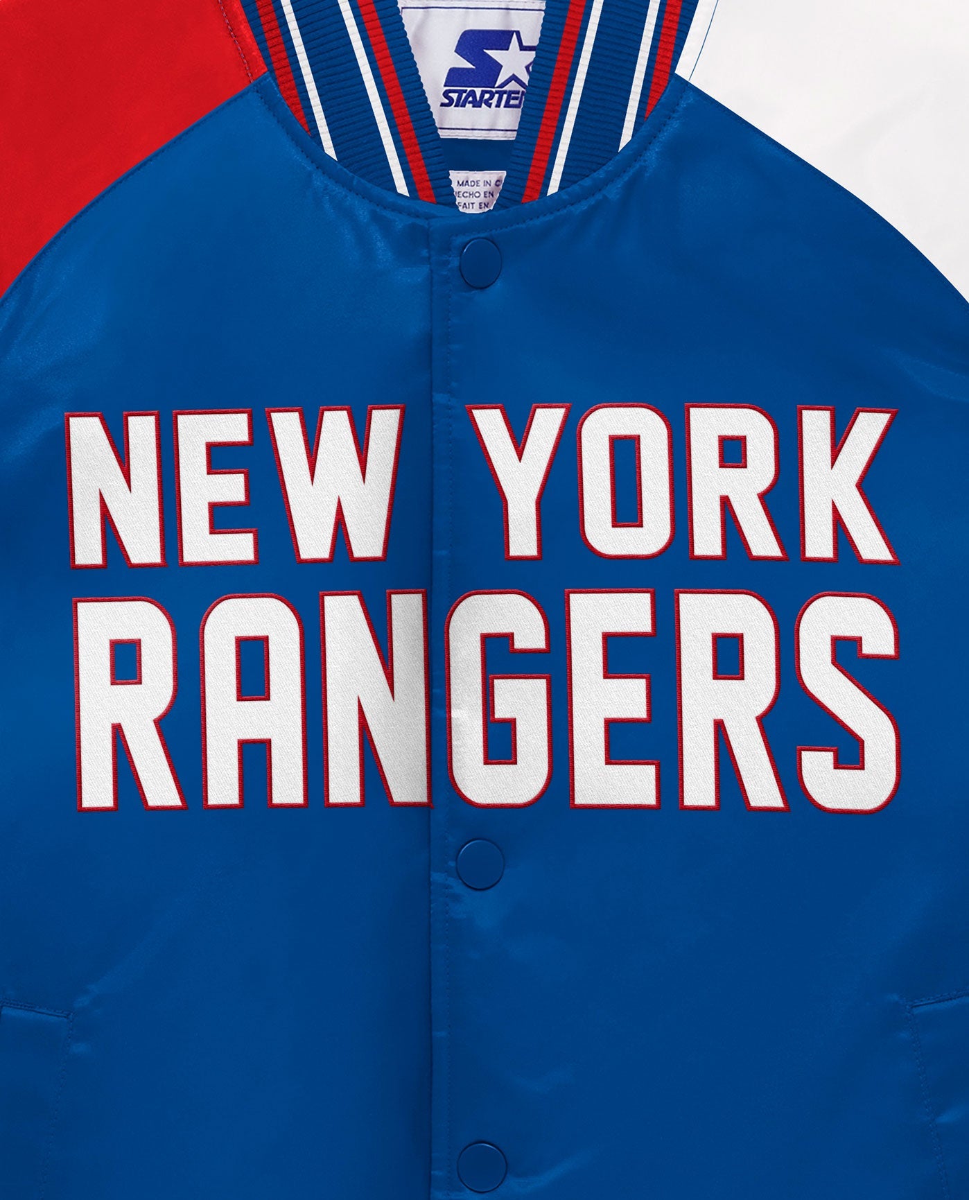 Side View of Starter Blue Youth New York Rangers Varsity Satin Full-Snap Starter Jacket | STR NEW YORK RANGERS BLUE