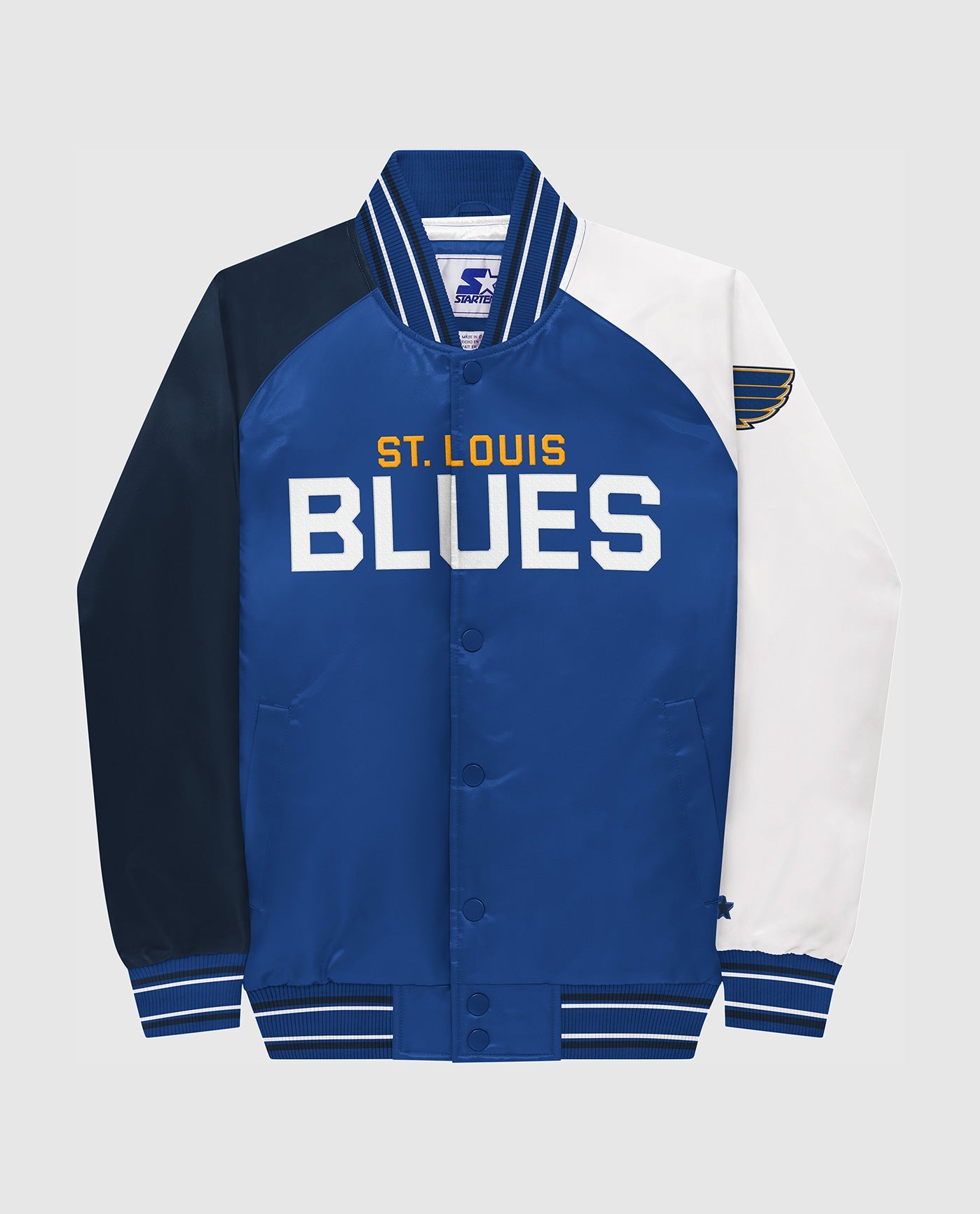 Front View of Starter Blue Youth St. Louis Blues Varsity Satin Full-Snap Starter Jacket | STR ST LOUIS BLUES BLUE