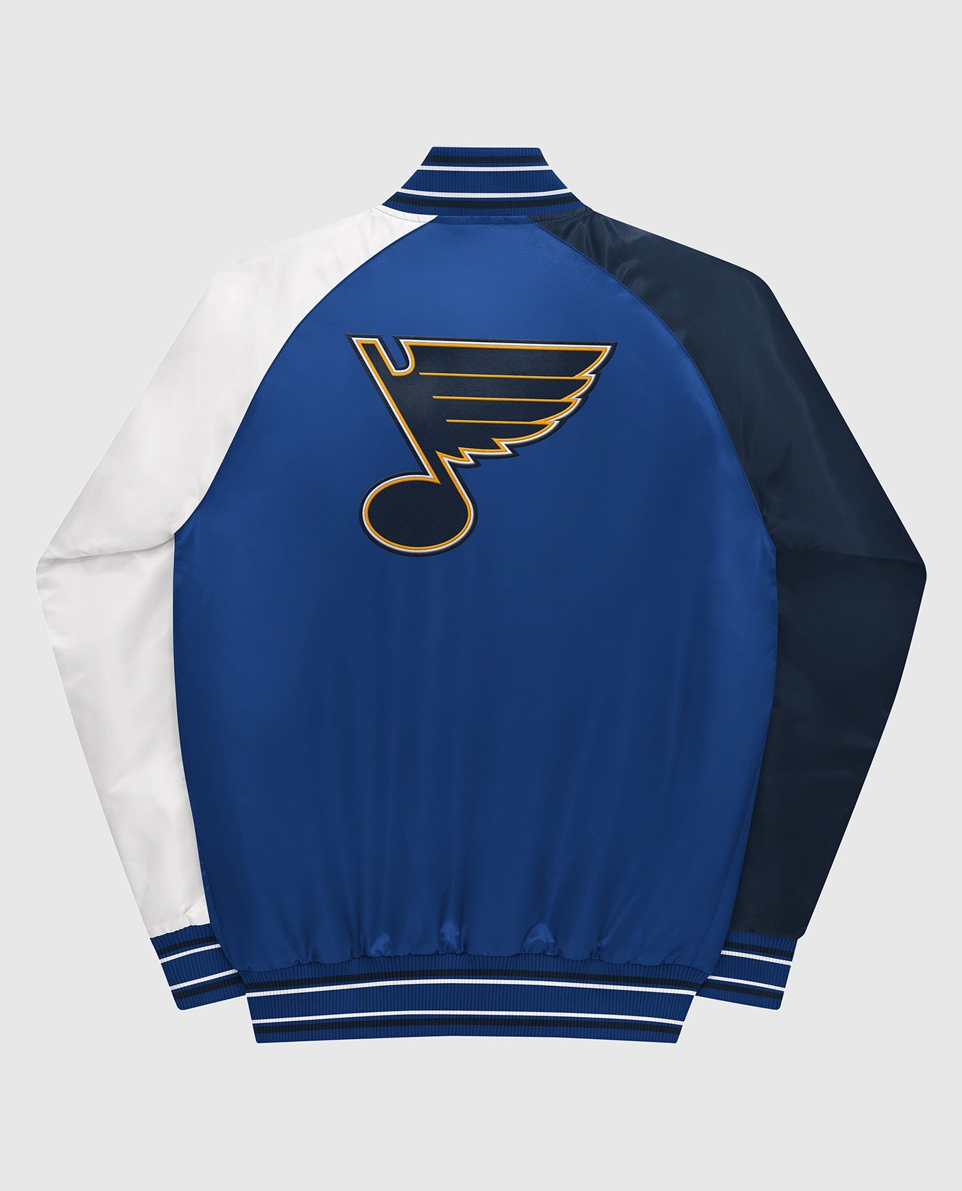 Back View of Starter Blue Youth St. Louis Blues Varsity Satin Full-Snap Starter Jacket | STR ST LOUIS BLUES BLUE