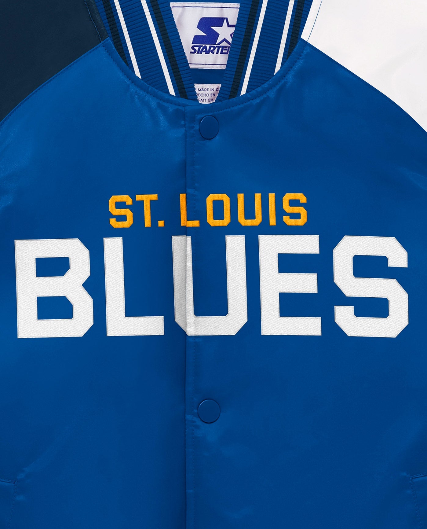 Side View of Starter Blue Youth St. Louis Blues Varsity Satin Full-Snap Starter Jacket | STR ST LOUIS BLUES BLUE