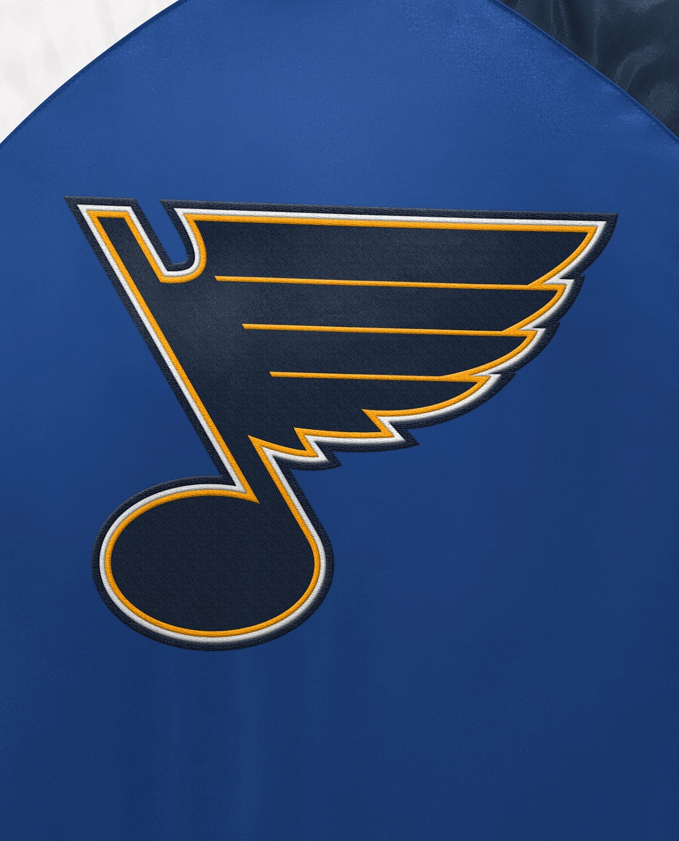 Detail View of Starter Blue Youth St. Louis Blues Varsity Satin Full-Snap Starter Jacket | STR ST LOUIS BLUES BLUE