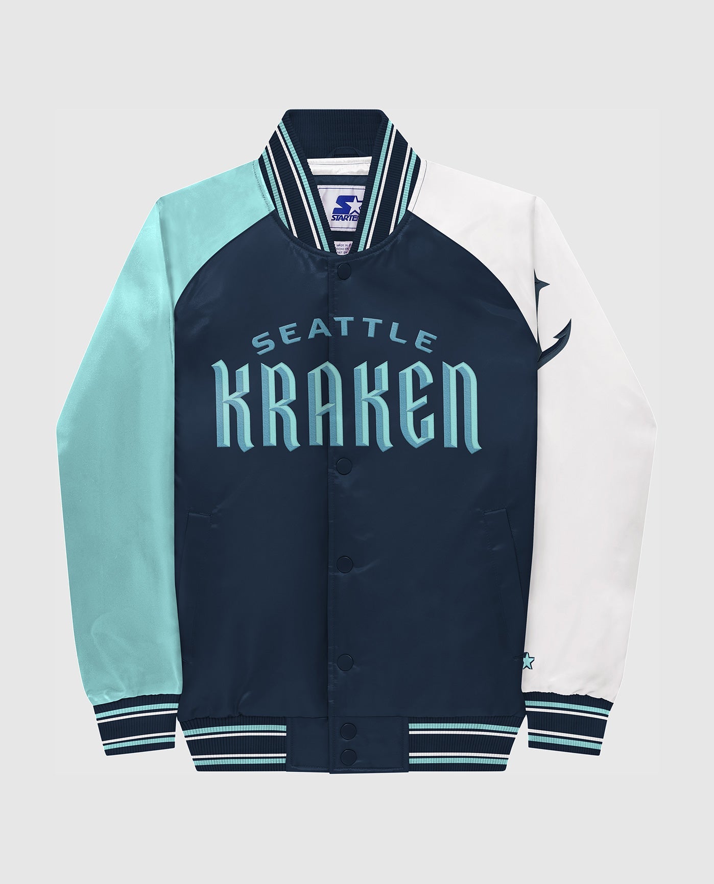 Front View of Starter Navy Youth Seattle Kraken Varsity Satin Full-Snap Starter Jacket | STR SEATTLE KRAKEN NAVY