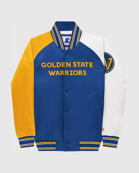 Front View of Starter Blue Youth Golden State Warriors Varsity Satin Full-Snap Starter Jacket | STR GOLDEN STATE WARRIORS BLUE