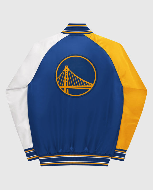 Back View of Starter Blue Youth Golden State Warriors Varsity Satin Full-Snap Starter Jacket | STR GOLDEN STATE WARRIORS BLUE