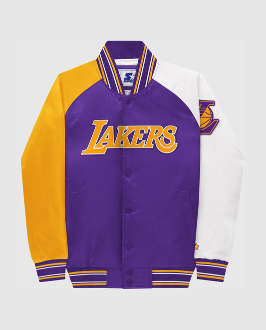 Front View of Starter Purple Youth Los Angeles Lakers Varsity Satin Full-Snap Starter Jacket | STR LOS ANGELES LAKERS PURPLE