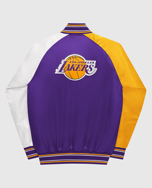 Back View of Starter Purple Youth Los Angeles Lakers Varsity Satin Full-Snap Starter Jacket | STR LOS ANGELES LAKERS PURPLE