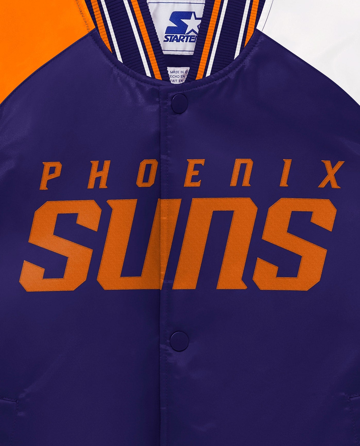 Side View of Starter Purple Youth Phoenix Suns Varsity Satin Full-Snap Starter Jacket | STR PHOENIX SUNS PURPLE