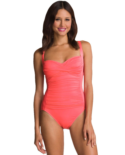 Front View of La Blanca Guava Twist Front One Piece Swimsuit | LAB GUAVA