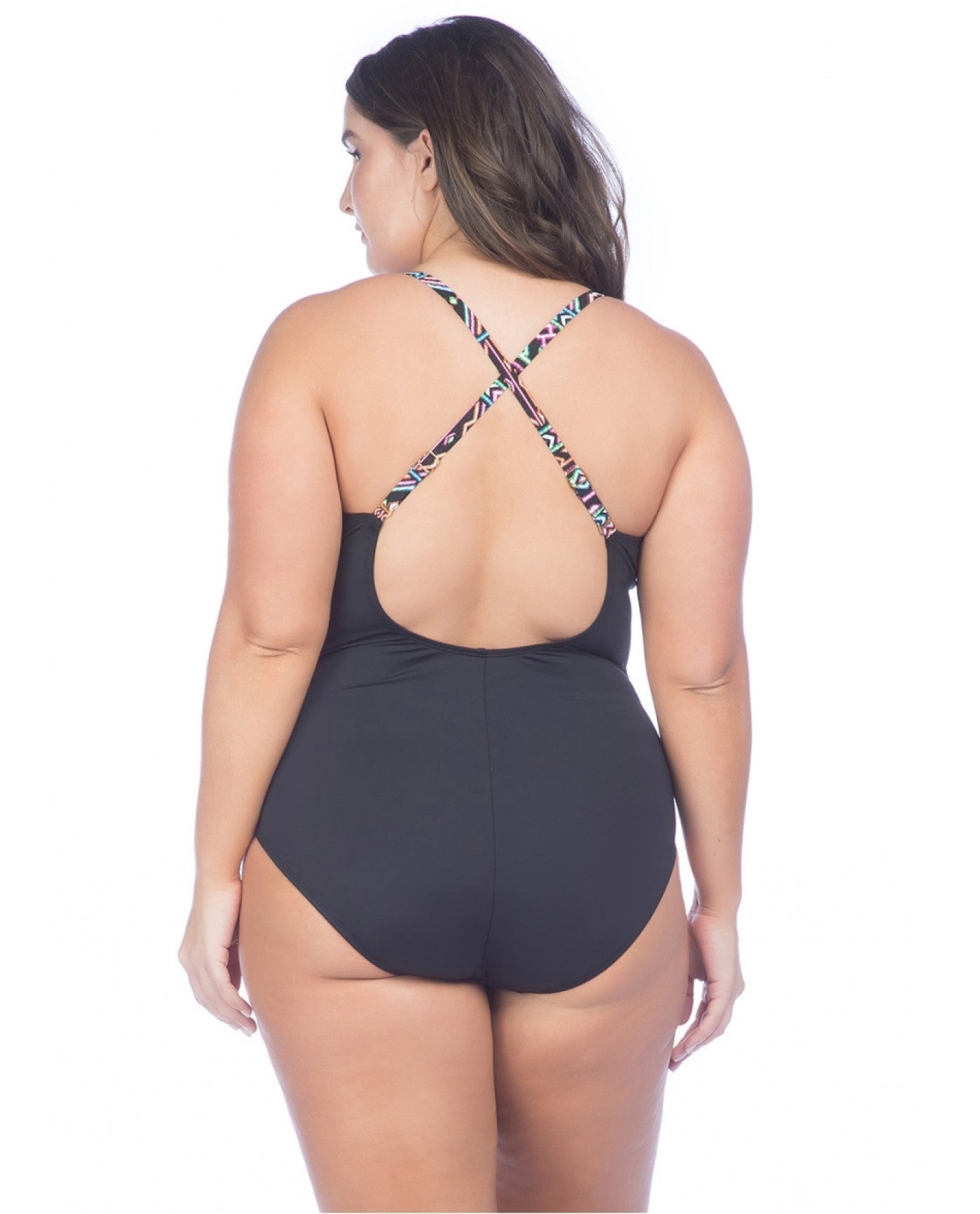 Back View of La Blanca La Azteca Plus Size High Neck Lace Up One Piece Swimsuit | LAB AZTECA