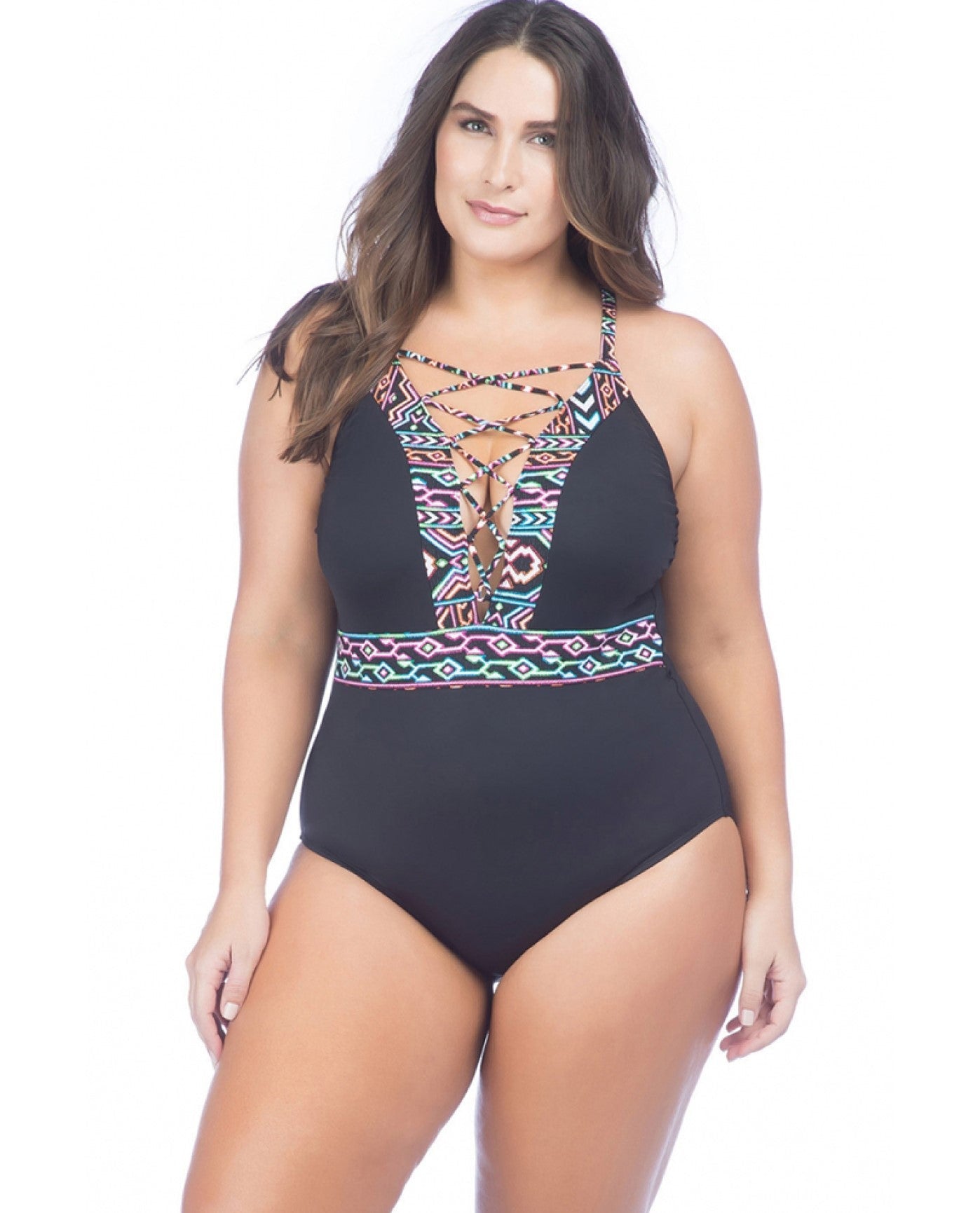 Front View of La Blanca La Azteca Plus Size High Neck Lace Up One Piece Swimsuit | LAB AZTECA