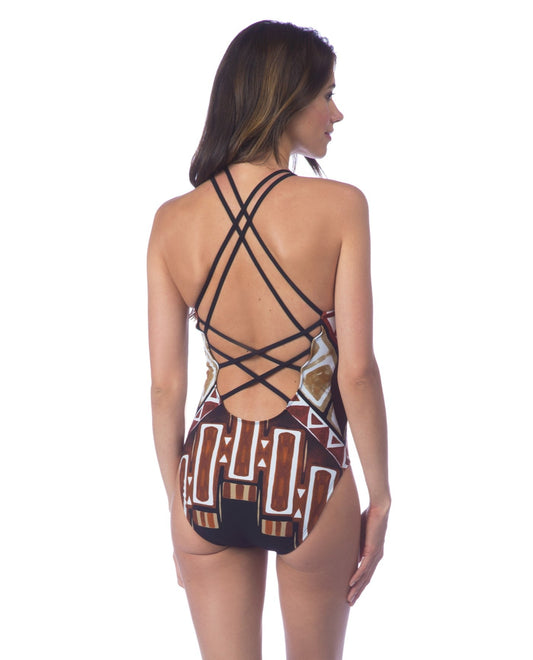 Back View of La Blanca Tanzania Tribe High Neck Strappy Back One Piece Swimsuit | LAB TANZANIA
