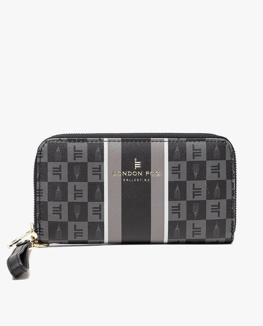 Front View of London Fog Gianna Signature Zip Around Wallet | LF BLACK
