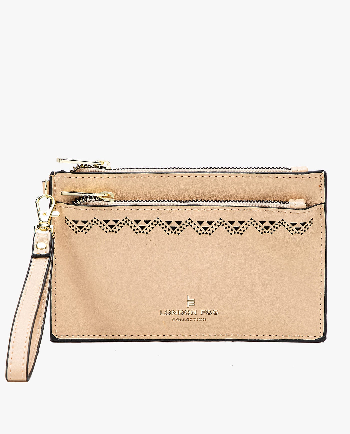 Front View of London Fog Hannah Laser Cut Wristlet Double Zip | LF LATTE
