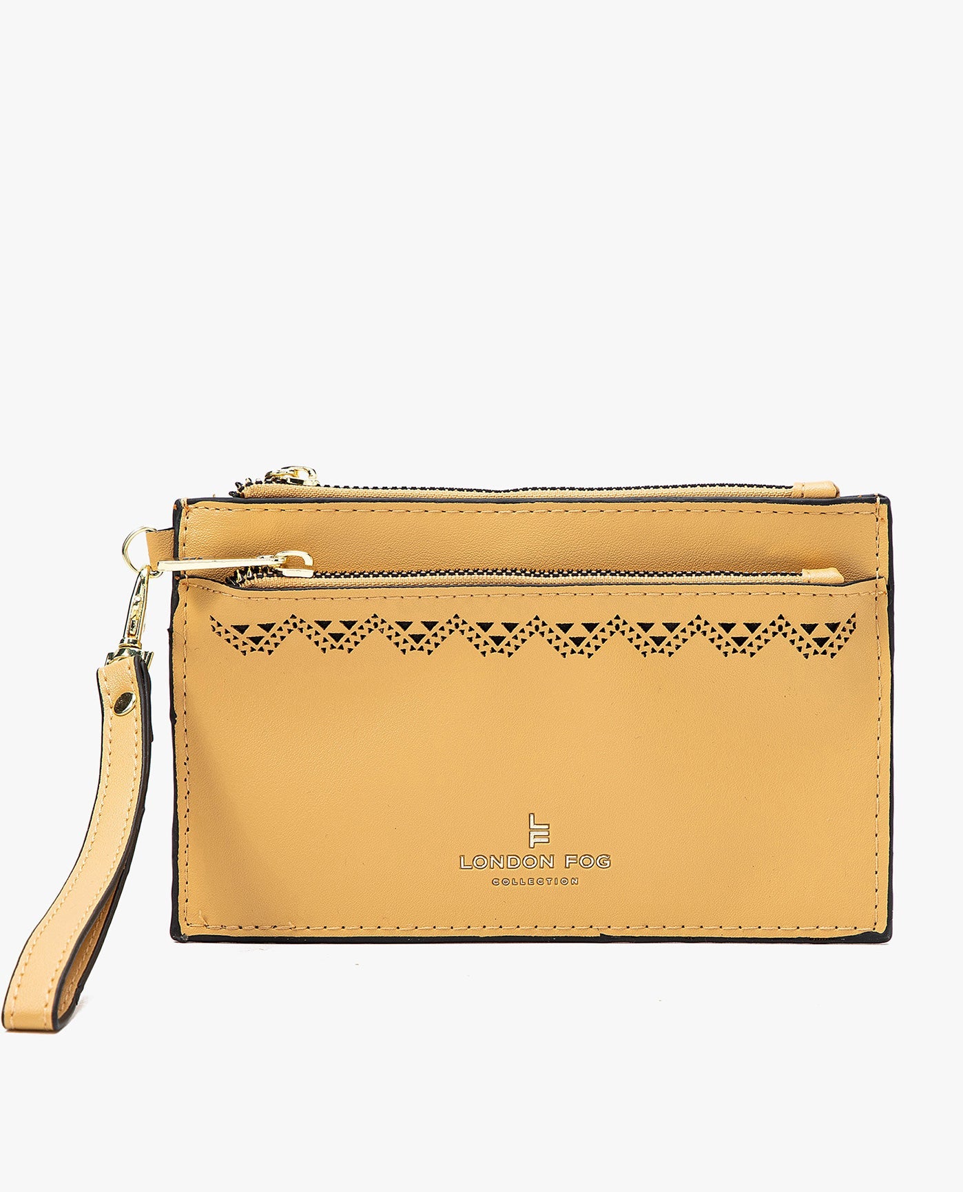 Front View of London Fog Hannah Laser Cut Wristlet Double Zip | LF MELLOW YELLOW

