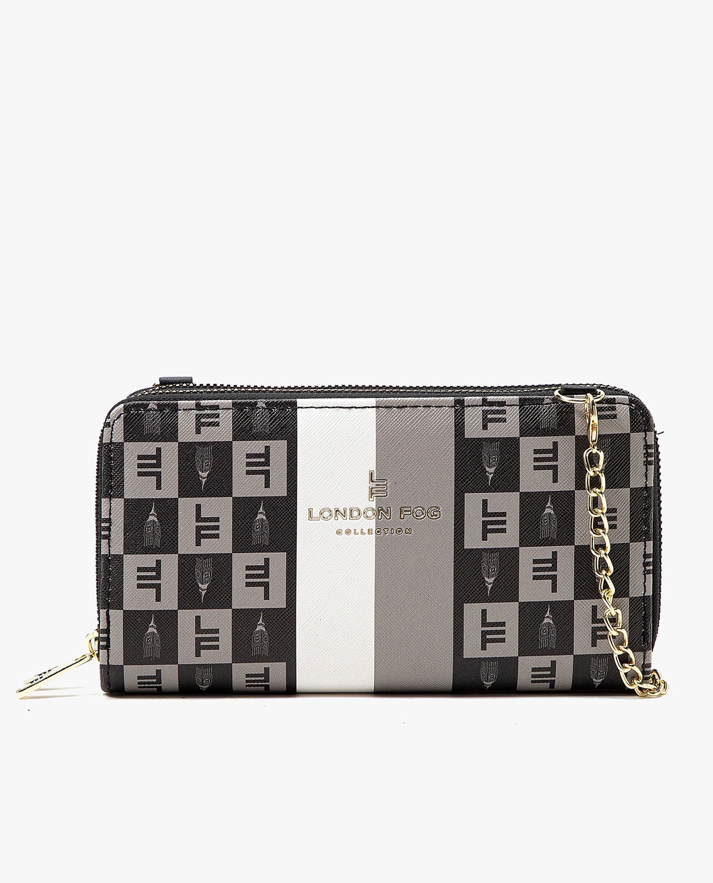 Front View of London Fog Diana Signature Double Zip Crossbody Bag And Wallet Combo | LF BLACK
