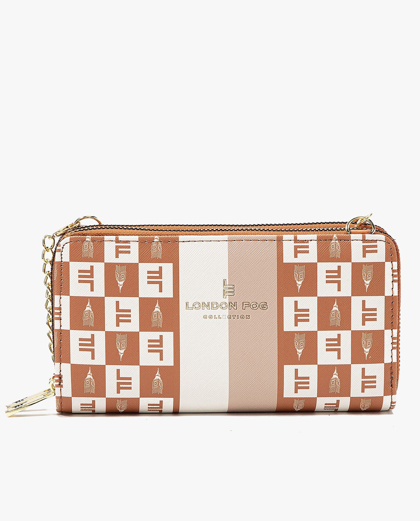 Front View of London Fog Diana Signature Double Zip Crossbody Bag And Wallet Combo | LF CAMEL
