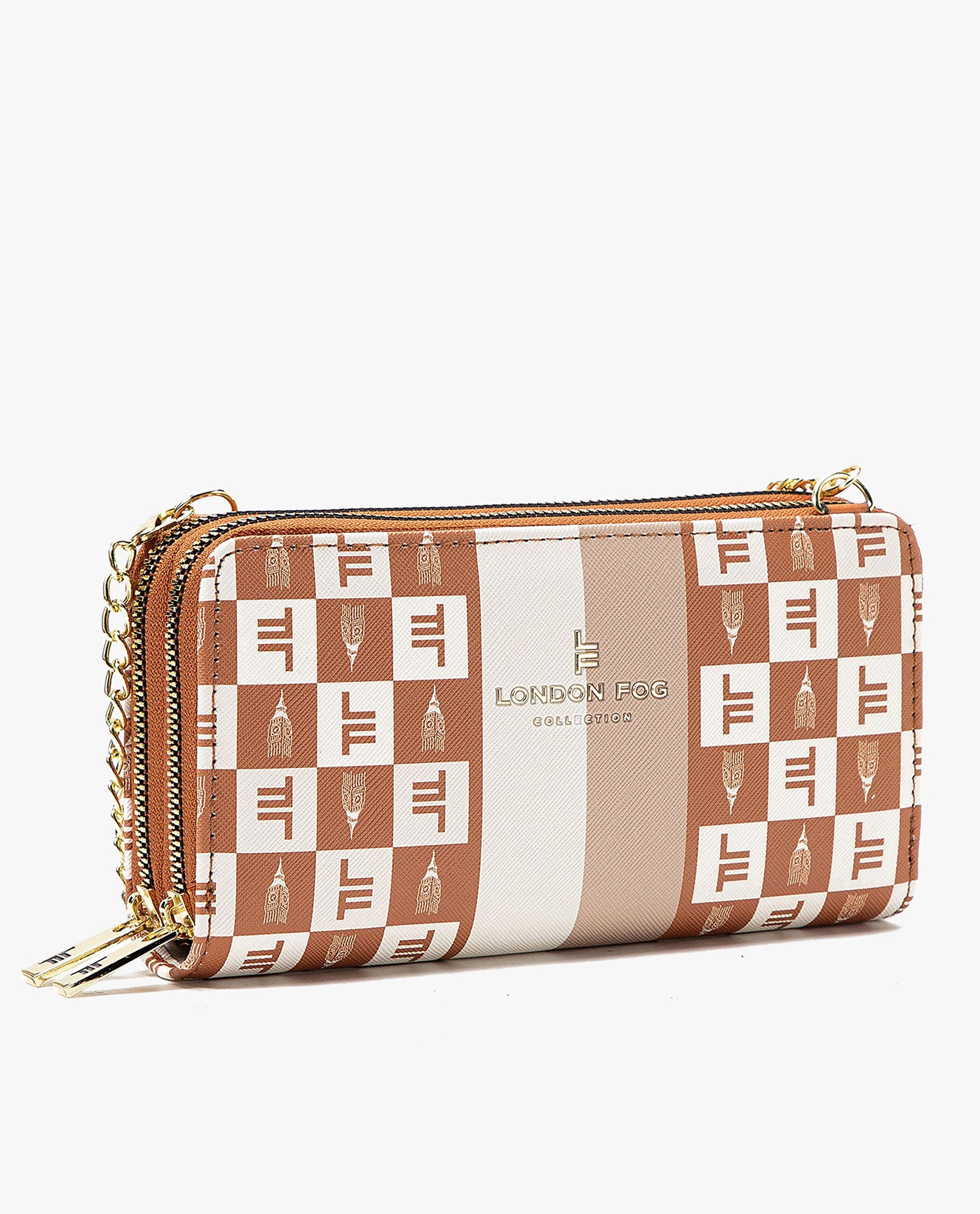 Bottom View of London Fog Diana Signature Double Zip Crossbody Bag And Wallet Combo | LF CAMEL
