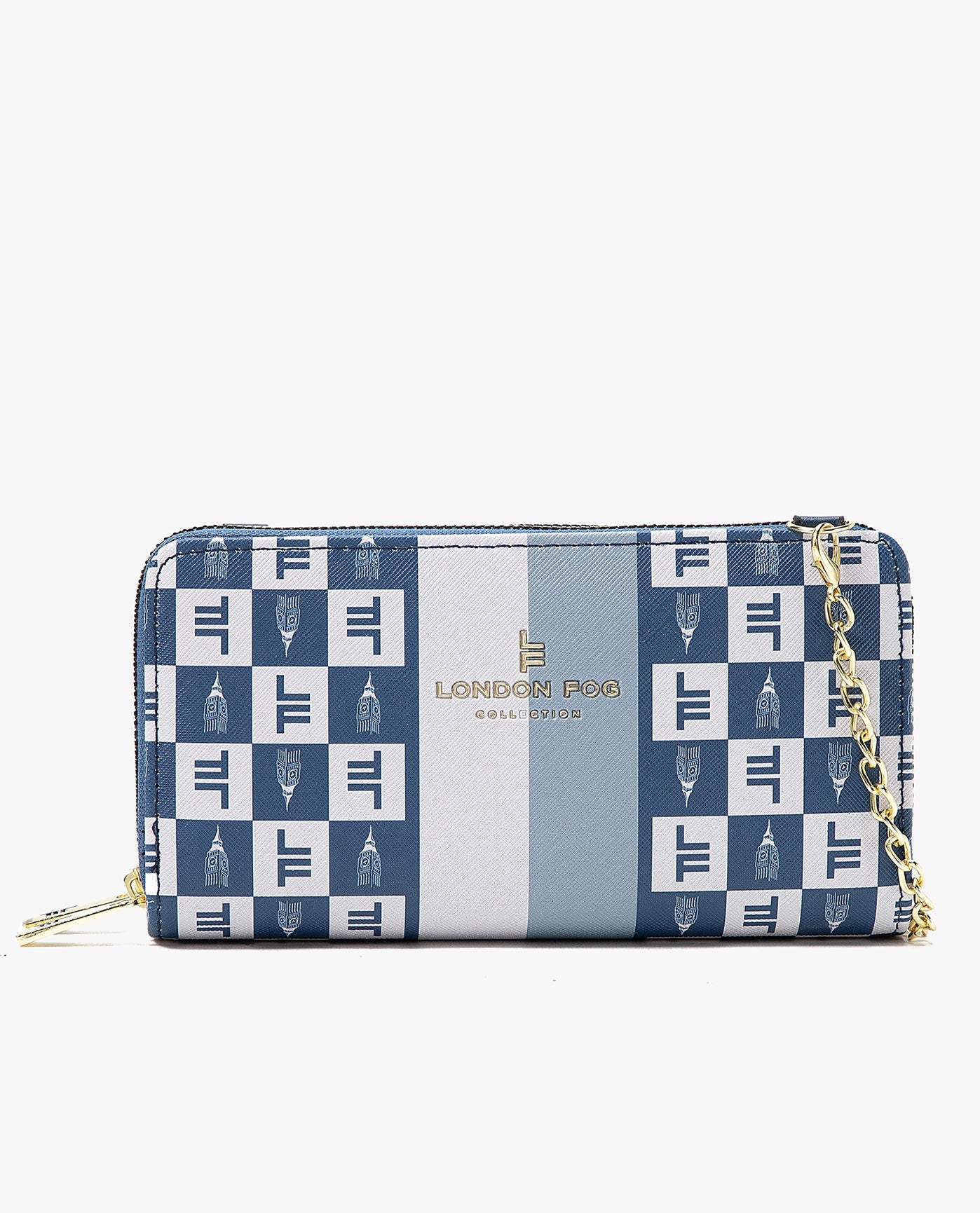 Front View of London Fog Diana Signature Double Zip Crossbody Bag And Wallet Combo | LF NAVY
