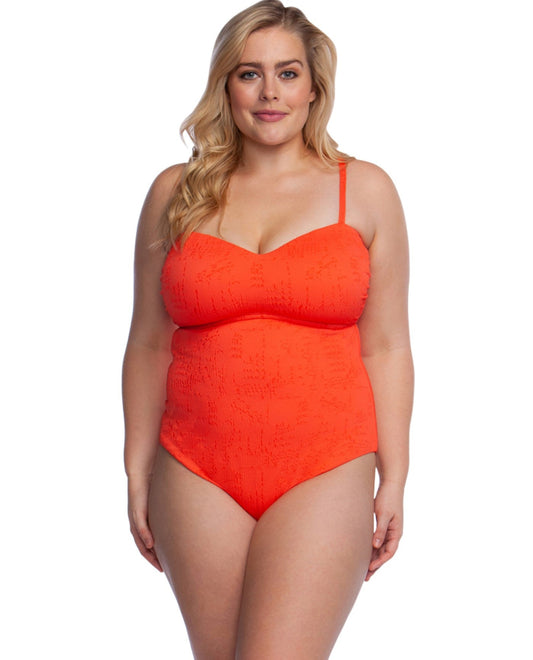 Front View of Lucky Brand Doheny Beach Plus Size Scoop Neck Lace Up One Piece Swimsuit |  LKY DOHENY